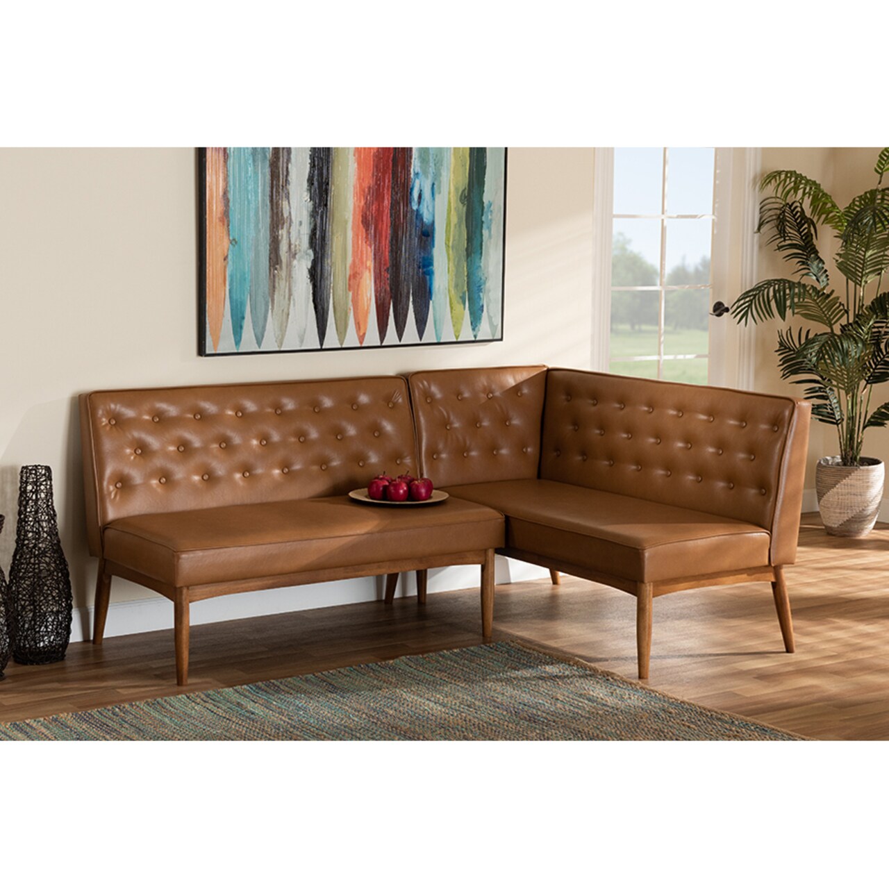 Wholesale Interiors Baxton Studio Riordan Mid-Century Modern Tan Faux Leather Upholstered and Walnut Brown Finished Wood 2-Piece Dining Nook